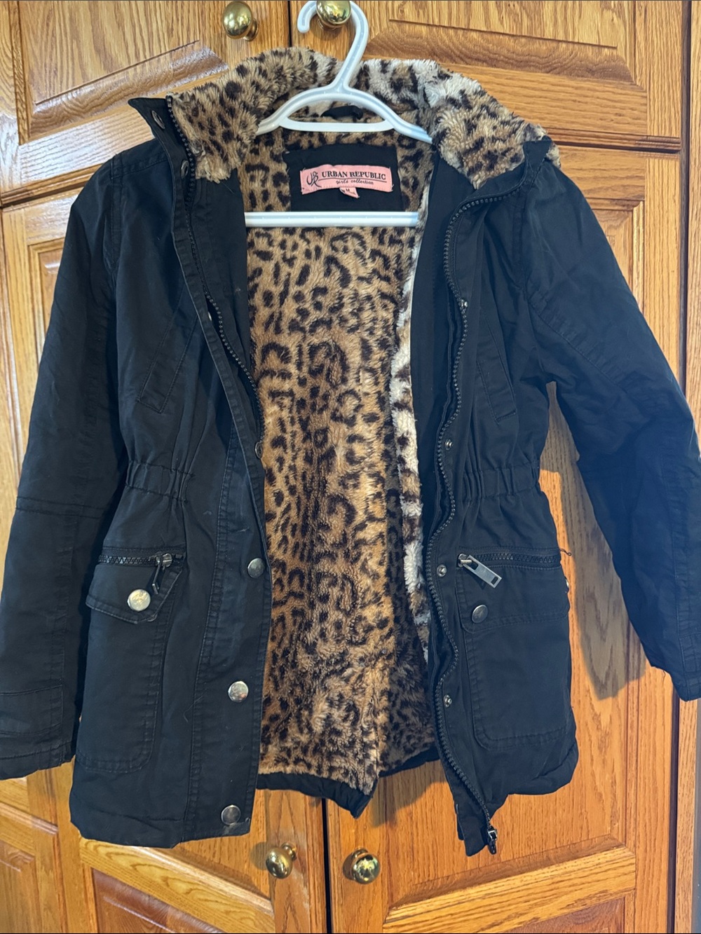 Urban Republic Black Girls' winter Jacket with Leopard Faux-Fur Lining